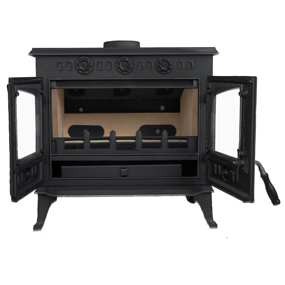Model JA006 multifuel stove with doors open